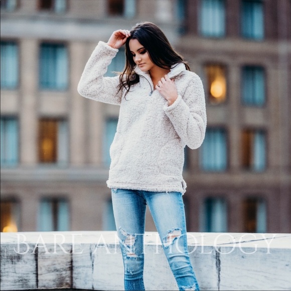 OATMEAL SHERPA FAUX FUR PULLOVER SWEATER - Picture 6 of 7